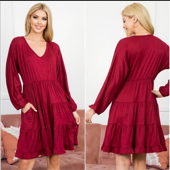 Wine Colored V-neck Buttery Soft Ruffled  Dress - Picture 2 of 2
